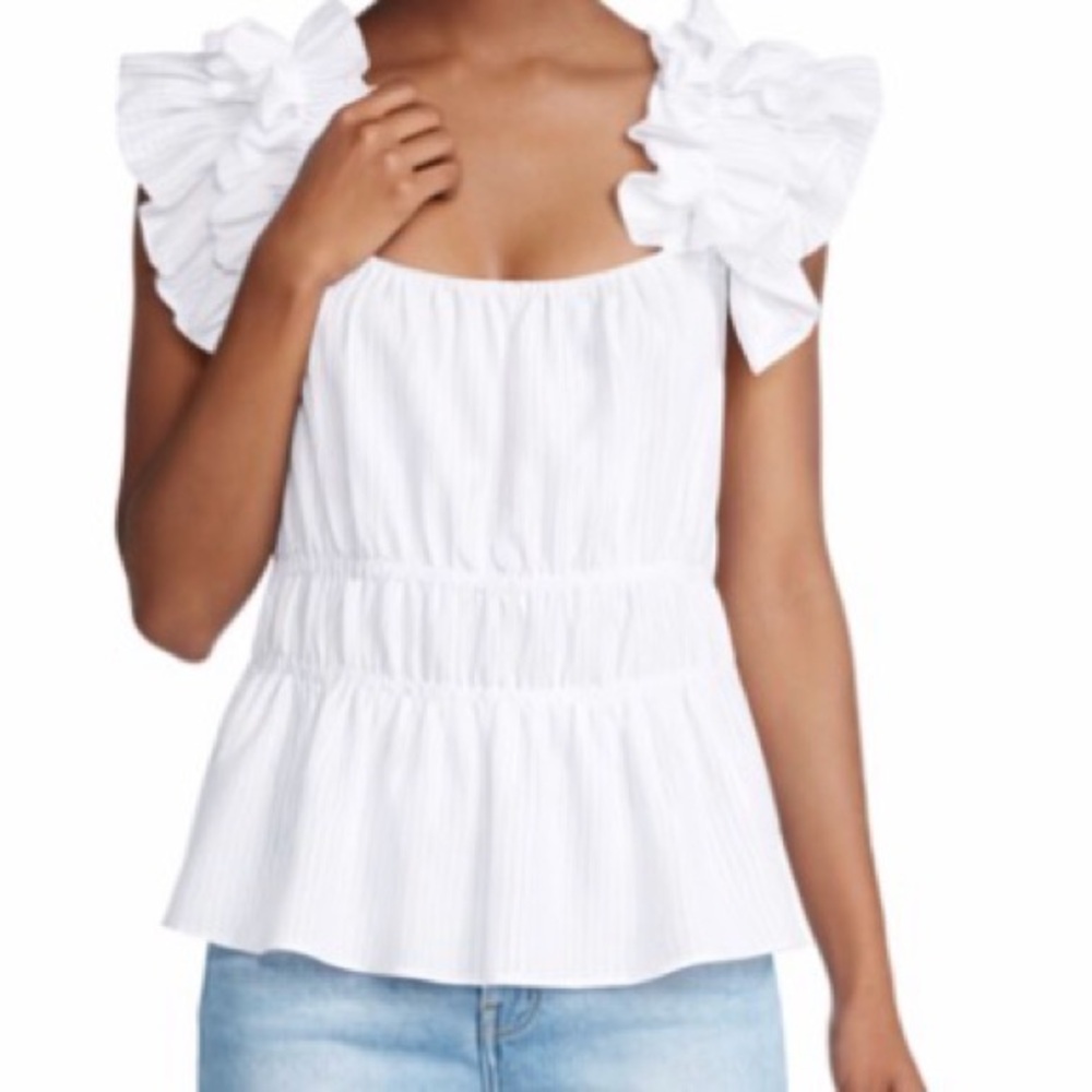 Harshman Alize White Seersucker Blouse Sz L NWT Ruffle Strap Adjustable Peplum